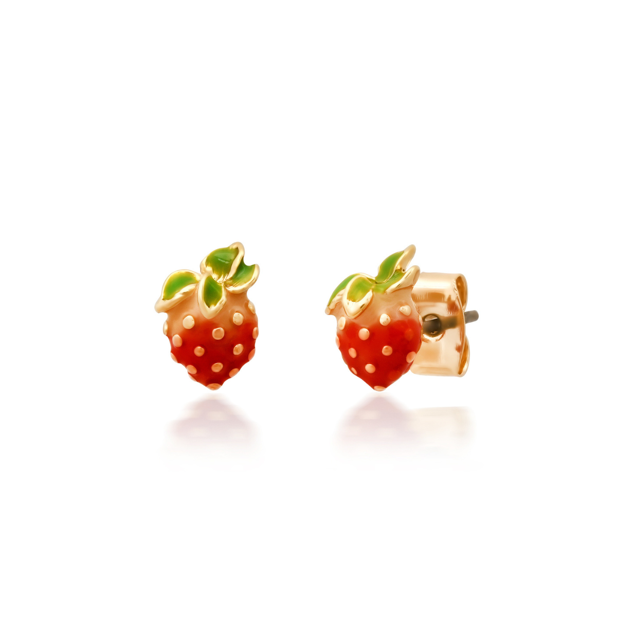 Enamel strawberry stud earrings with red fruit, green leaves, and gold-tone post backs