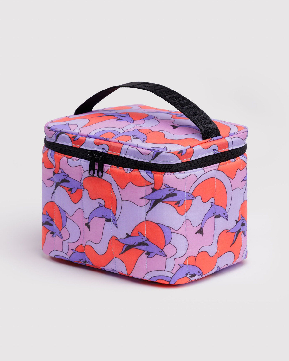 Puffy lunch bag with pink and orange cartoon animal print, black zipper and handle