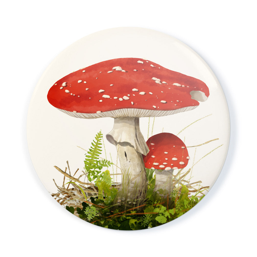 Pocket mirror with illustrated red-and-white fly agaric mushrooms