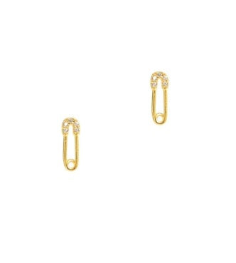 Gold safety pin stud earrings with CZ crystal accents