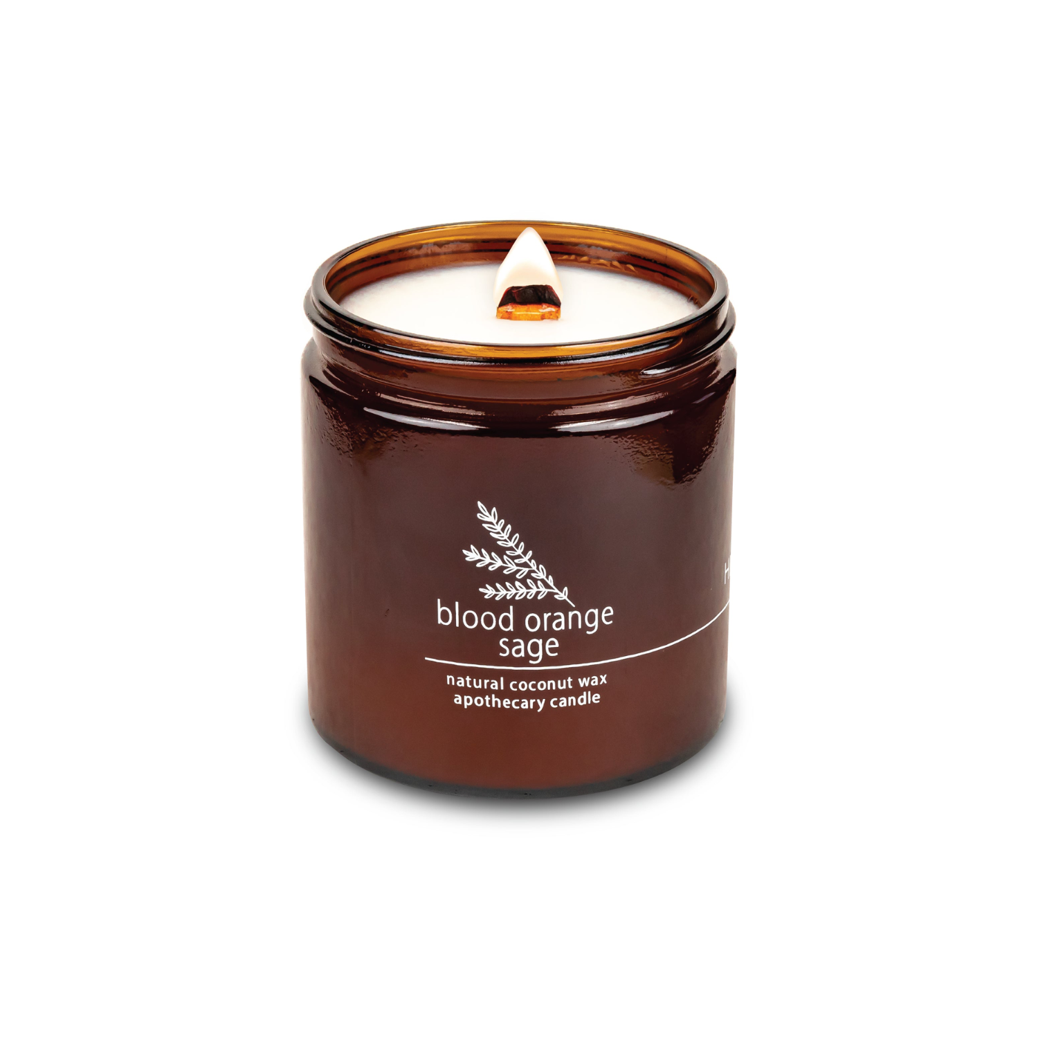 16 oz blood orange sage candle in dark amber glass jar with wood wick flame