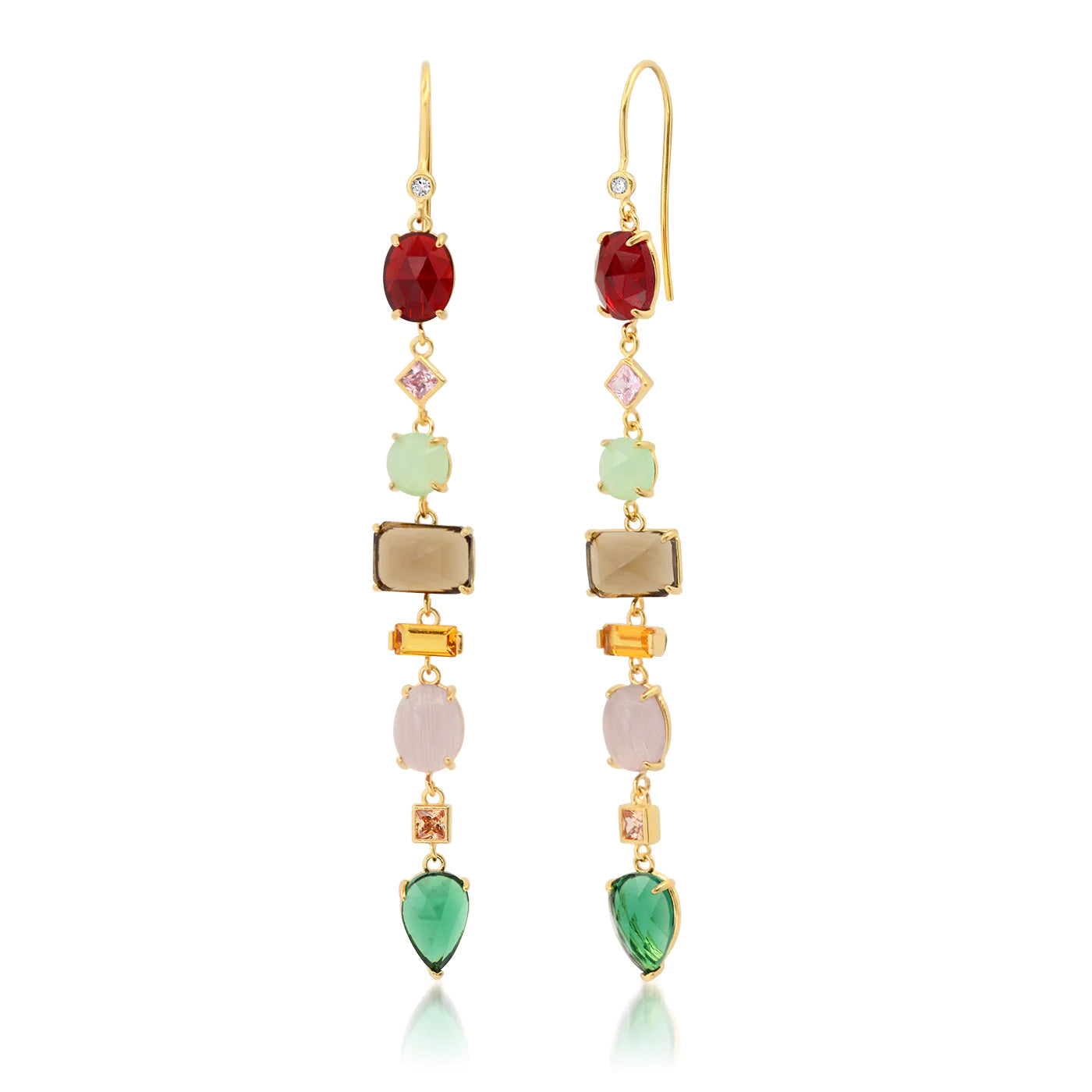 Stacked drop earrings with red, pink, and green stones in gold-tone settings