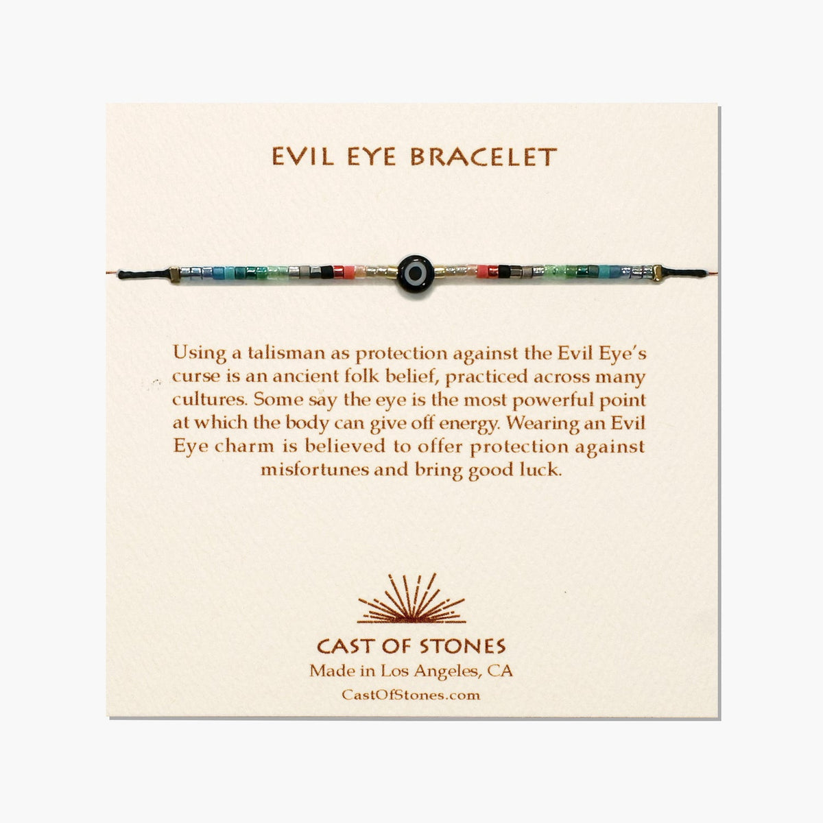 Beaded evil eye bracelet with black circular charm and multicolor seed beads, on cord
