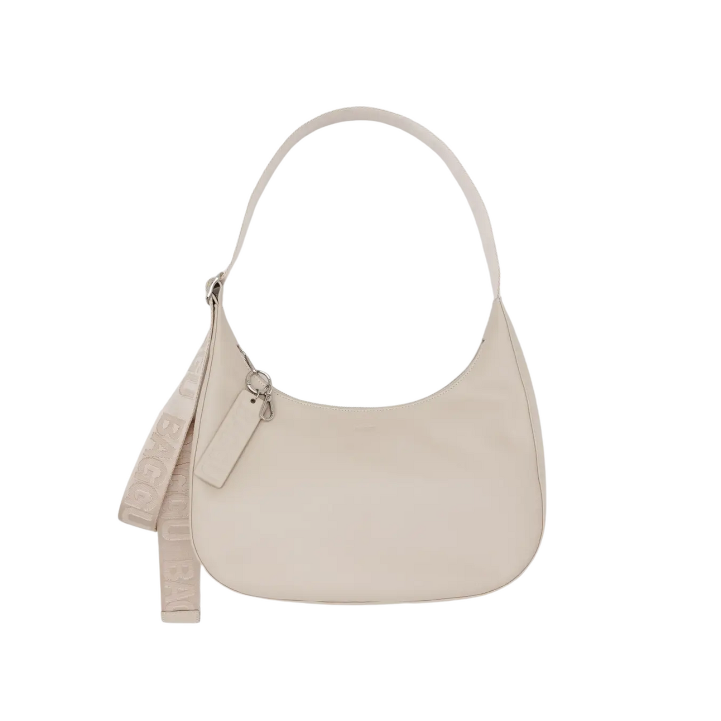 Medium recycled leather crescent bag in light stone, zip top, shoulder strap with tassel