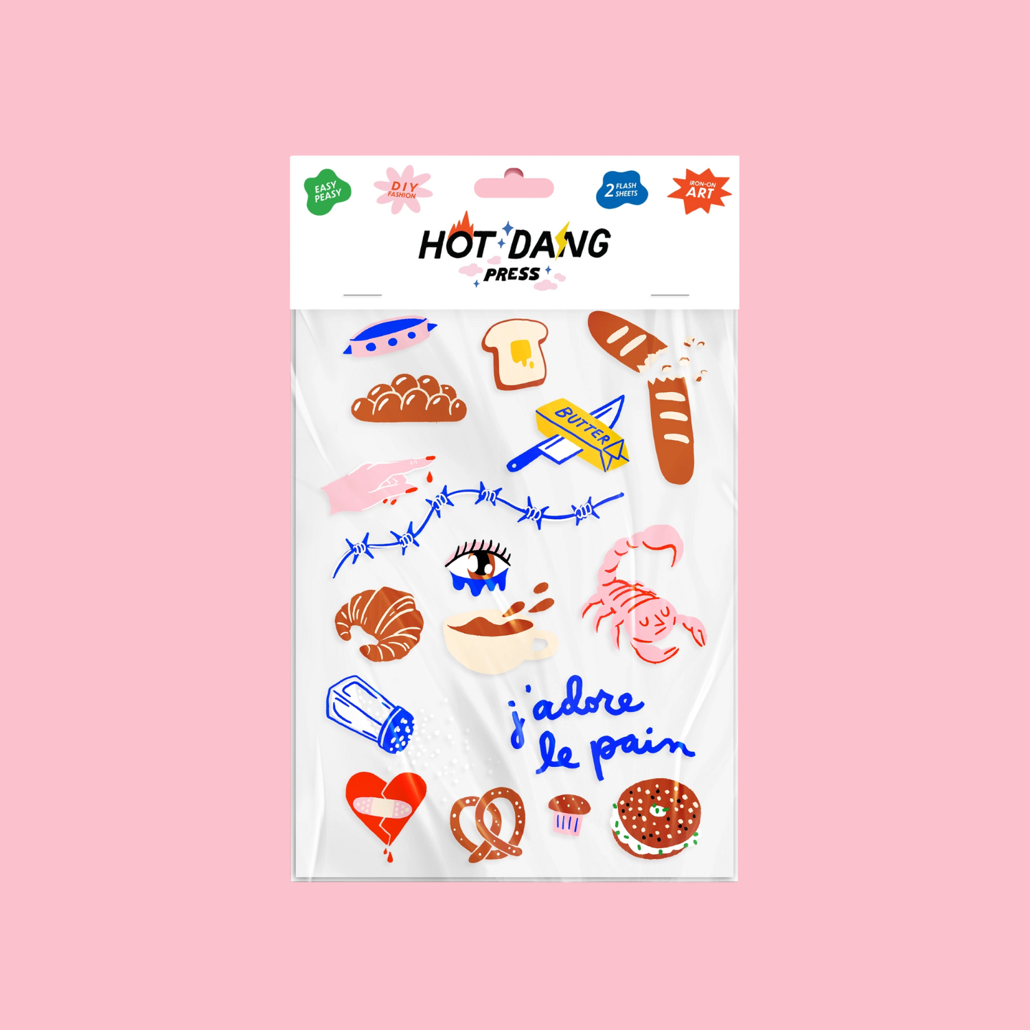 Iron-on sheet set package with colorful hot-press food icons