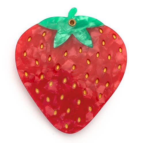 Folding compact mirror strawberry with green cap and gold seed print, closed