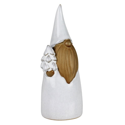 Ceramic gnome standing in white with tall hat; brown profile face, raised hand