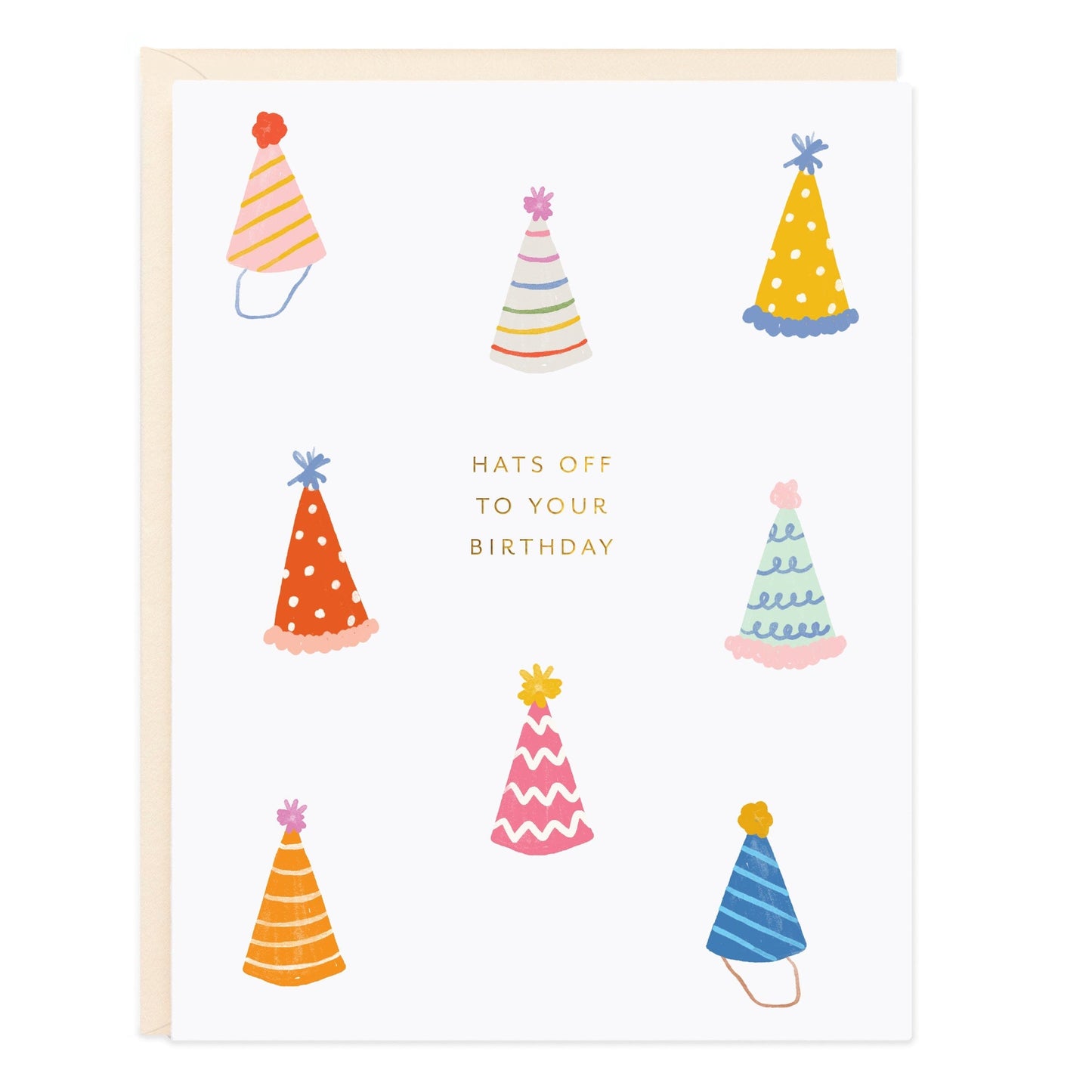 Greeting card with colorful party hat icons and 'Hats off to your birthday' text.
