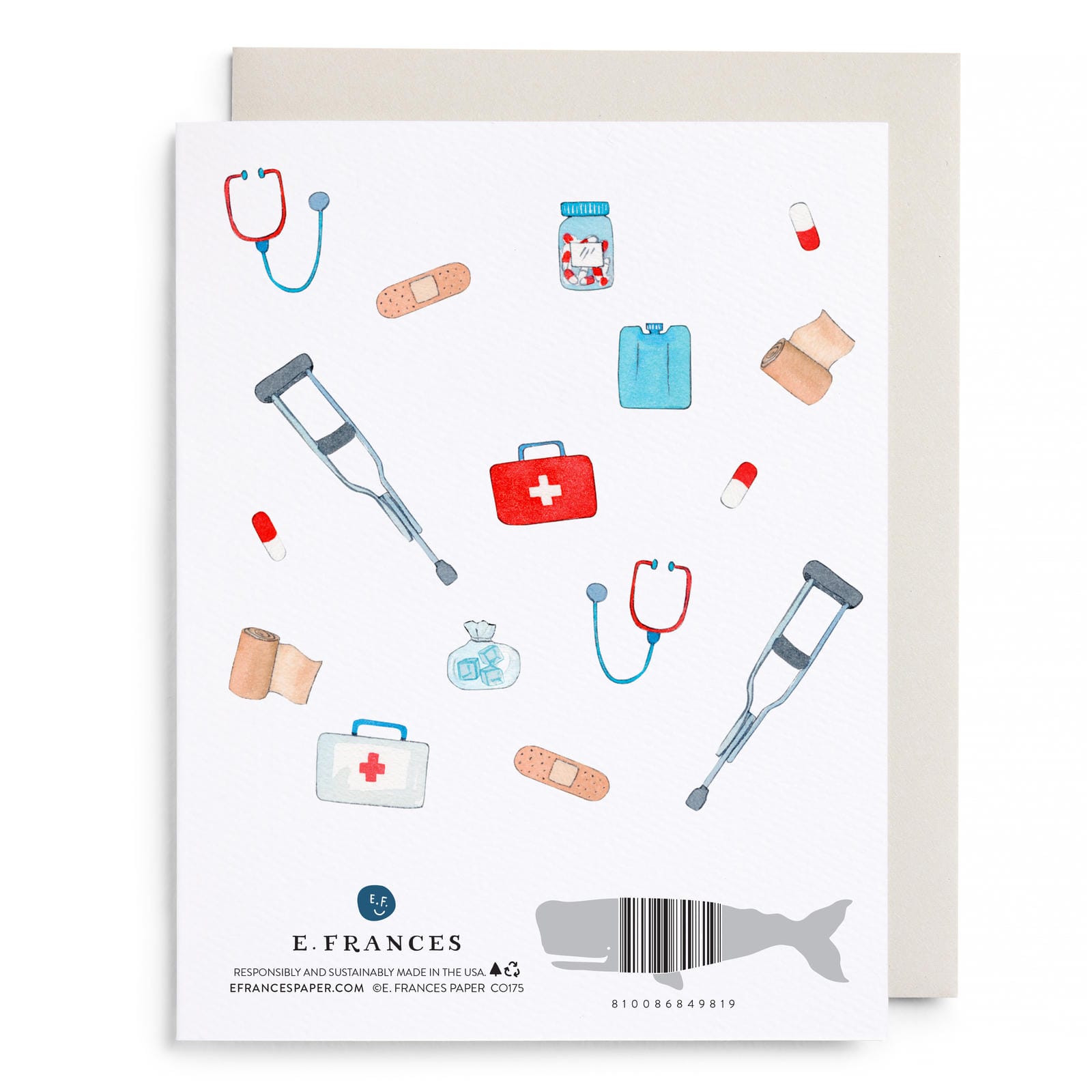First aid kit greeting card with medical icons, 'E.F. FRANCES' and barcode