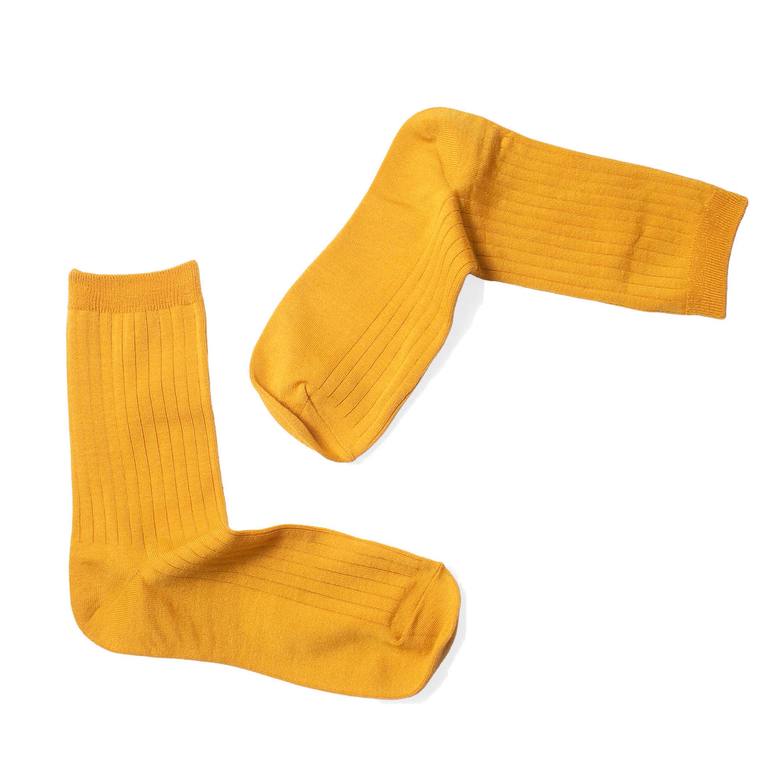 Ribbed crew socks in mustard yellow, pair view, elastic knit cuff