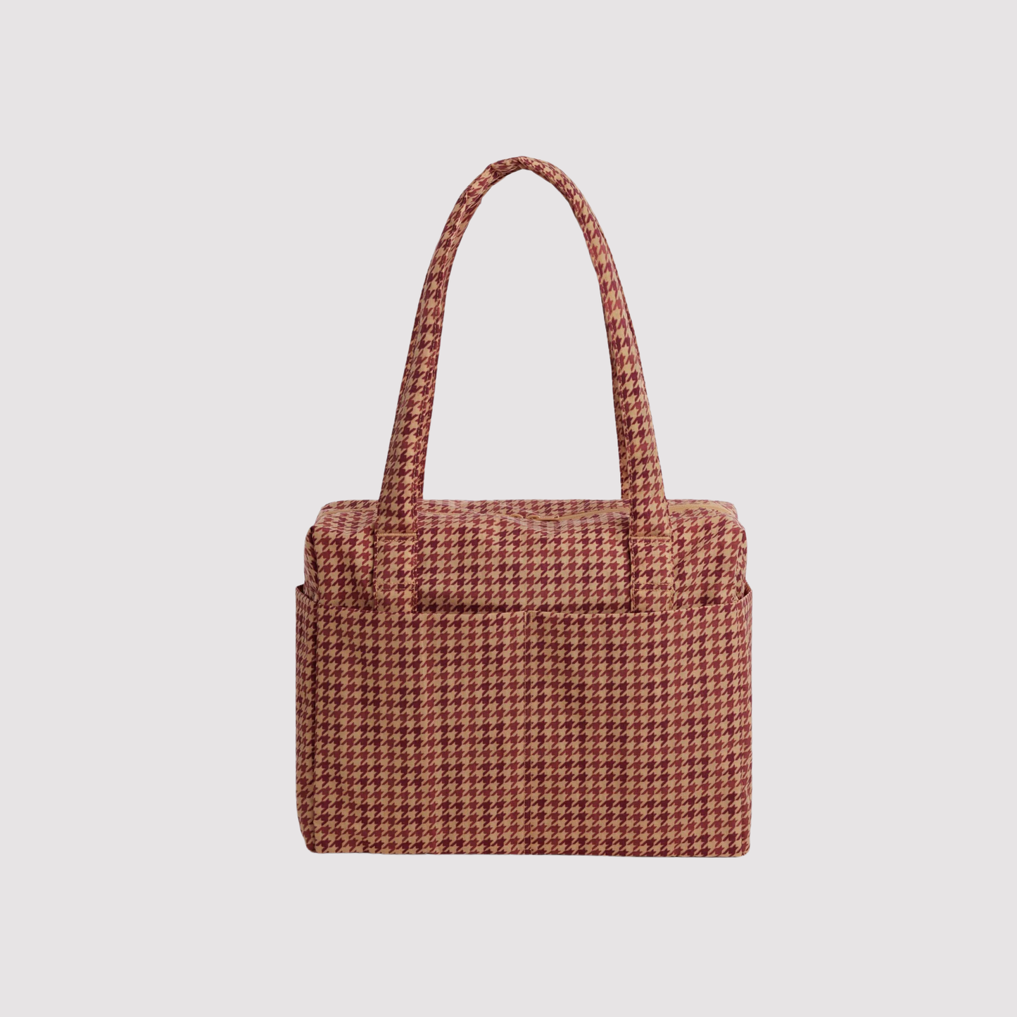 Brown and tan houndstooth-pattern foldable travel tote bag with top handles.