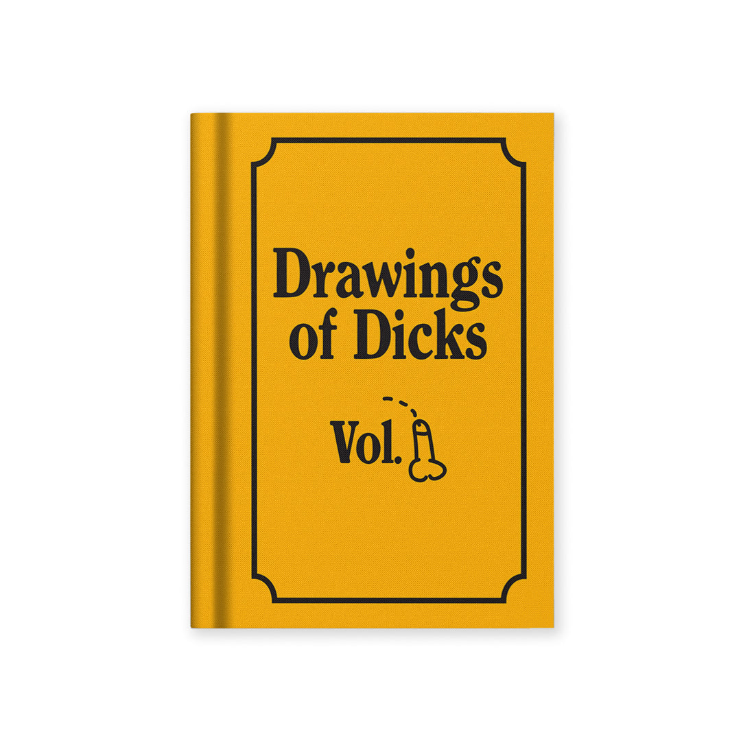 Hardback notebook with yellow cover, black border, and 'Drawings of Dicks Vol. 1' text