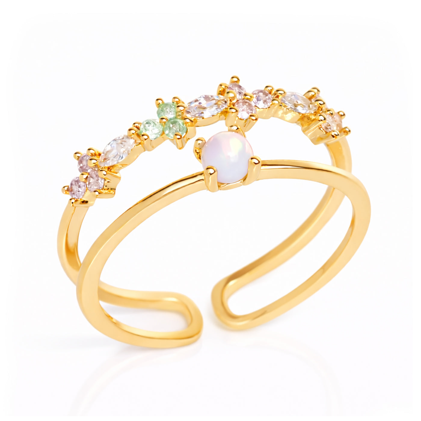 Gold-tone adjustable double ring with pastel flower charms and pearl-like center