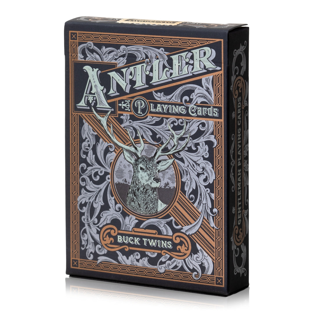 Card deck box with antler buck twins graphic, navy and gold border