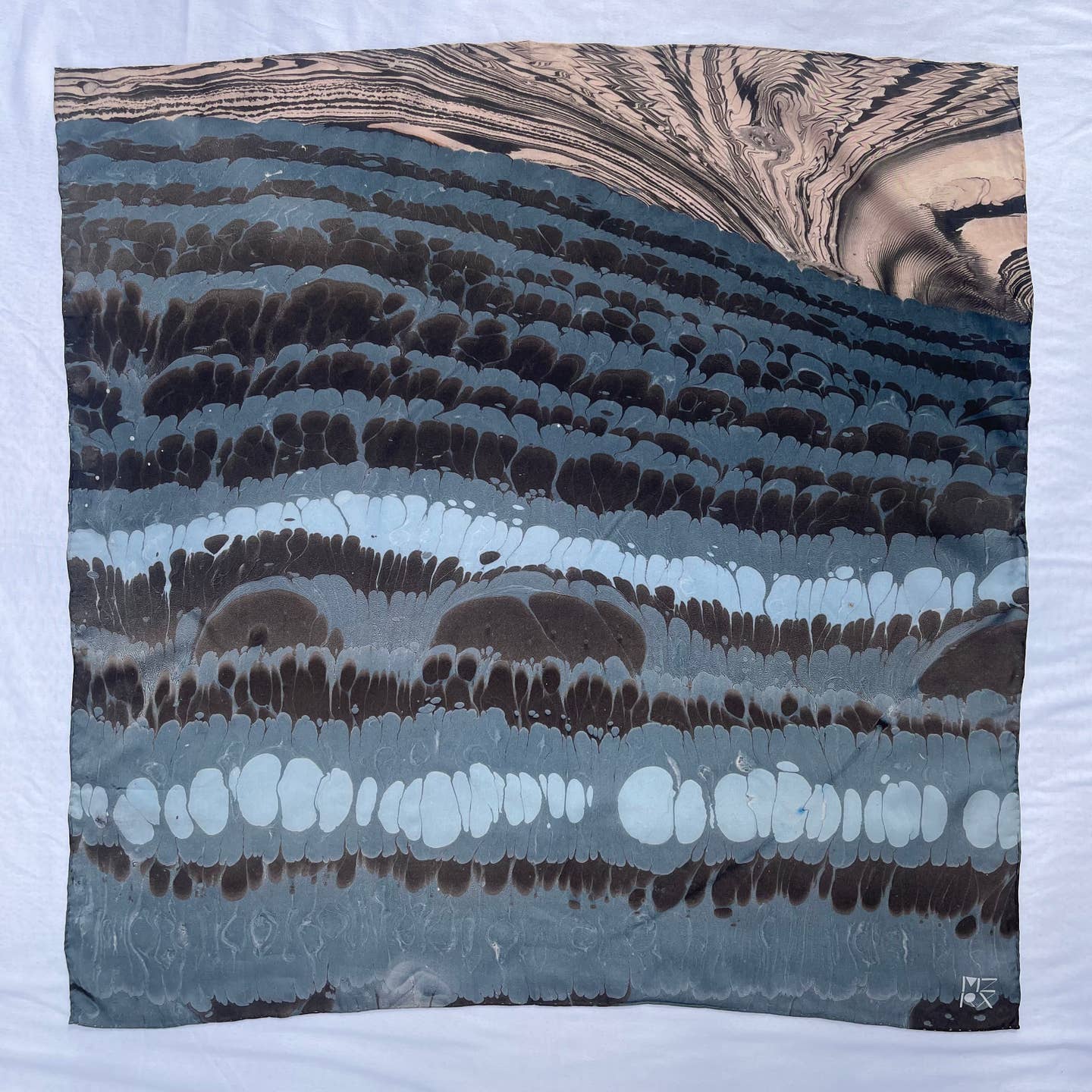 Silk bandana with abstract marbled blue-gray stripes and dark waveform pattern