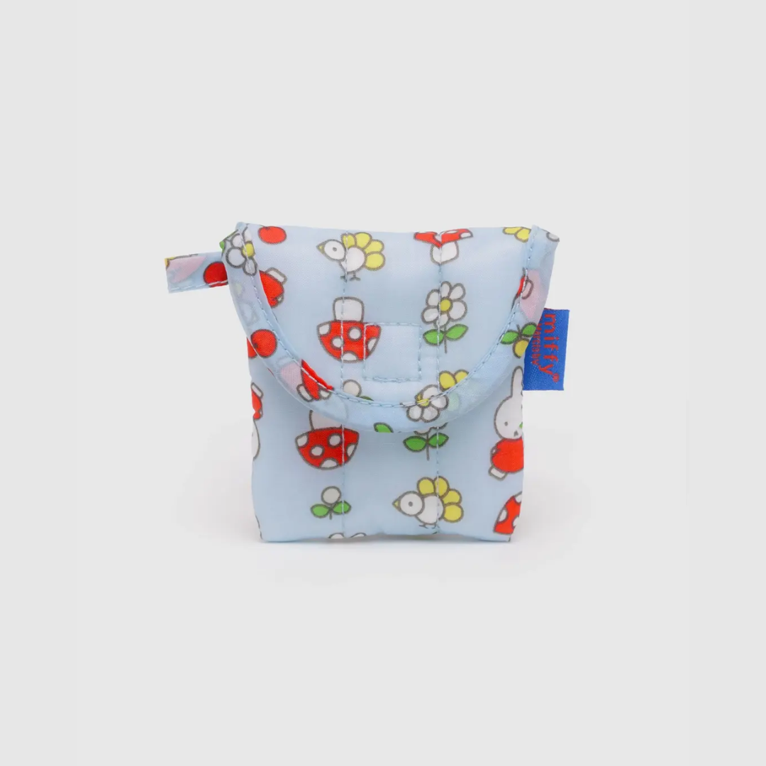 Light blue puffy earbuds case with colorful cartoon insect and flower pattern