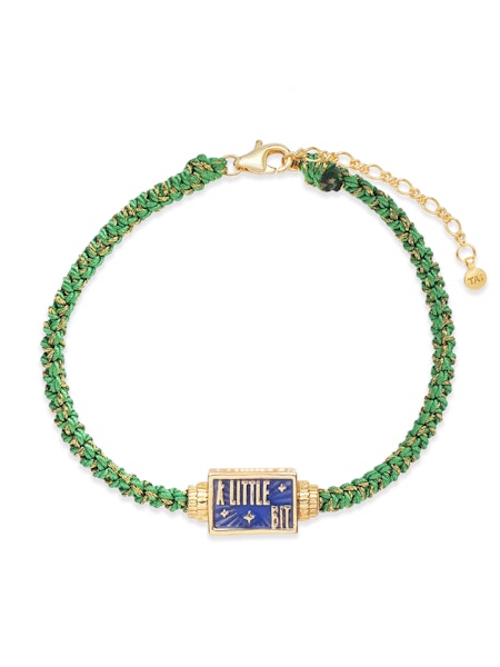 Green braided cord spinner bracelet with gold clasp and 'LITTLE BIT' charm