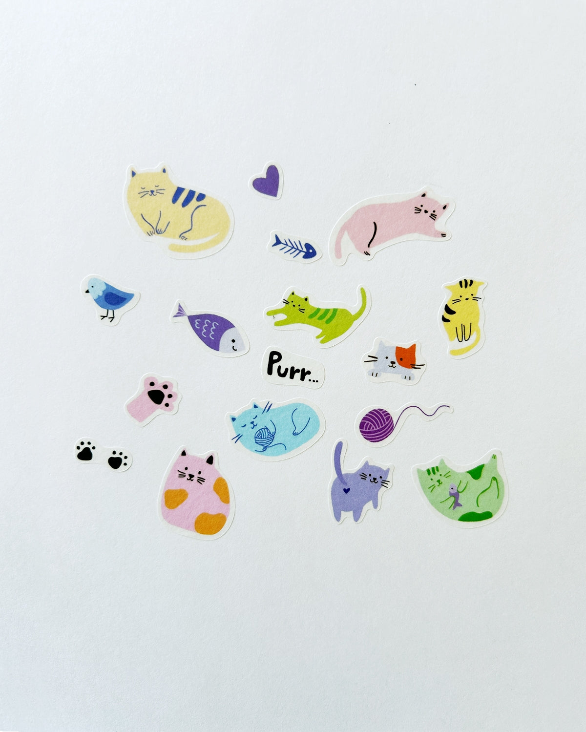 Sheet of assorted pastel cat washi stickers, cats, fish, paw prints, and hearts