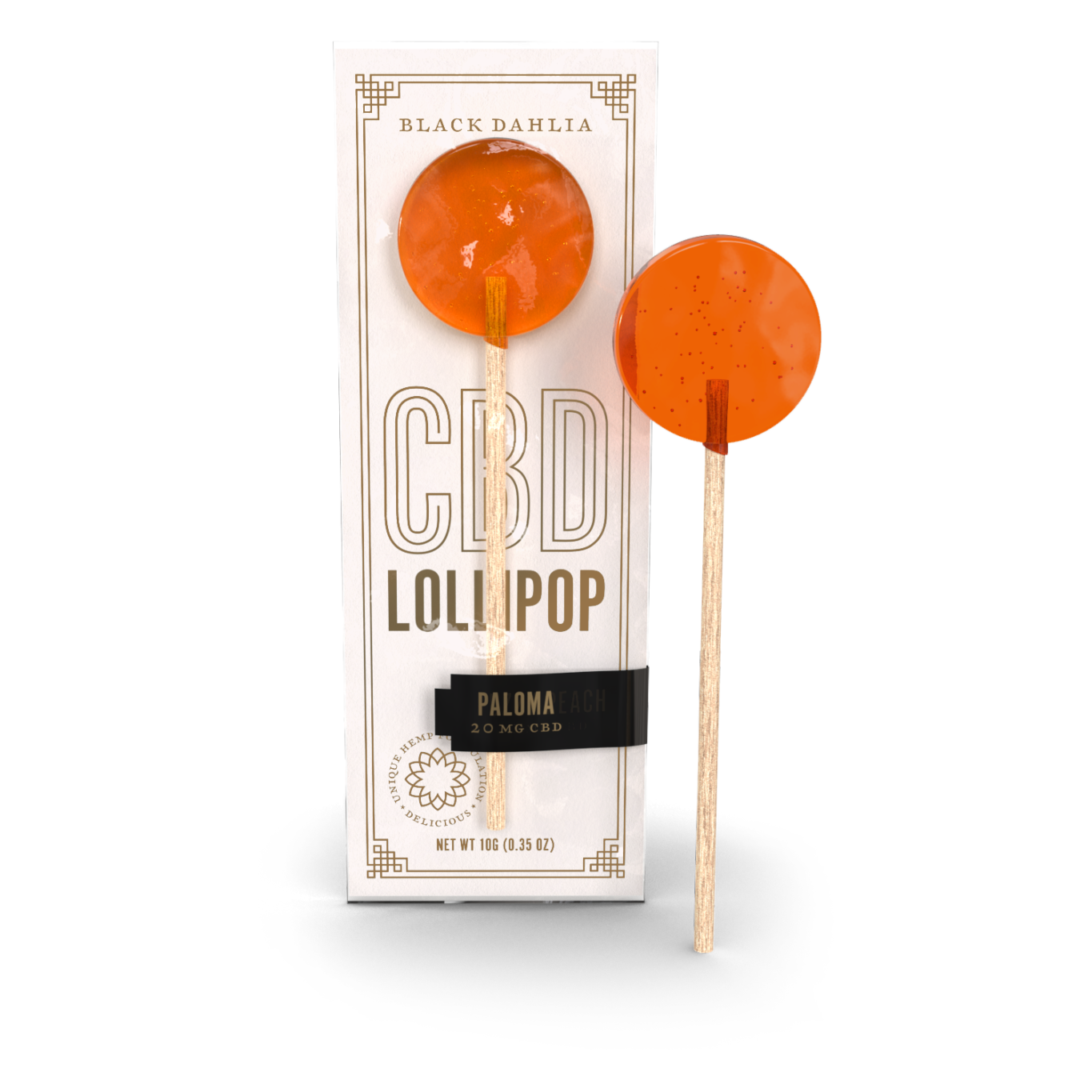 Paloma CBD lollipop, orange hard candy on a stick, shown with box