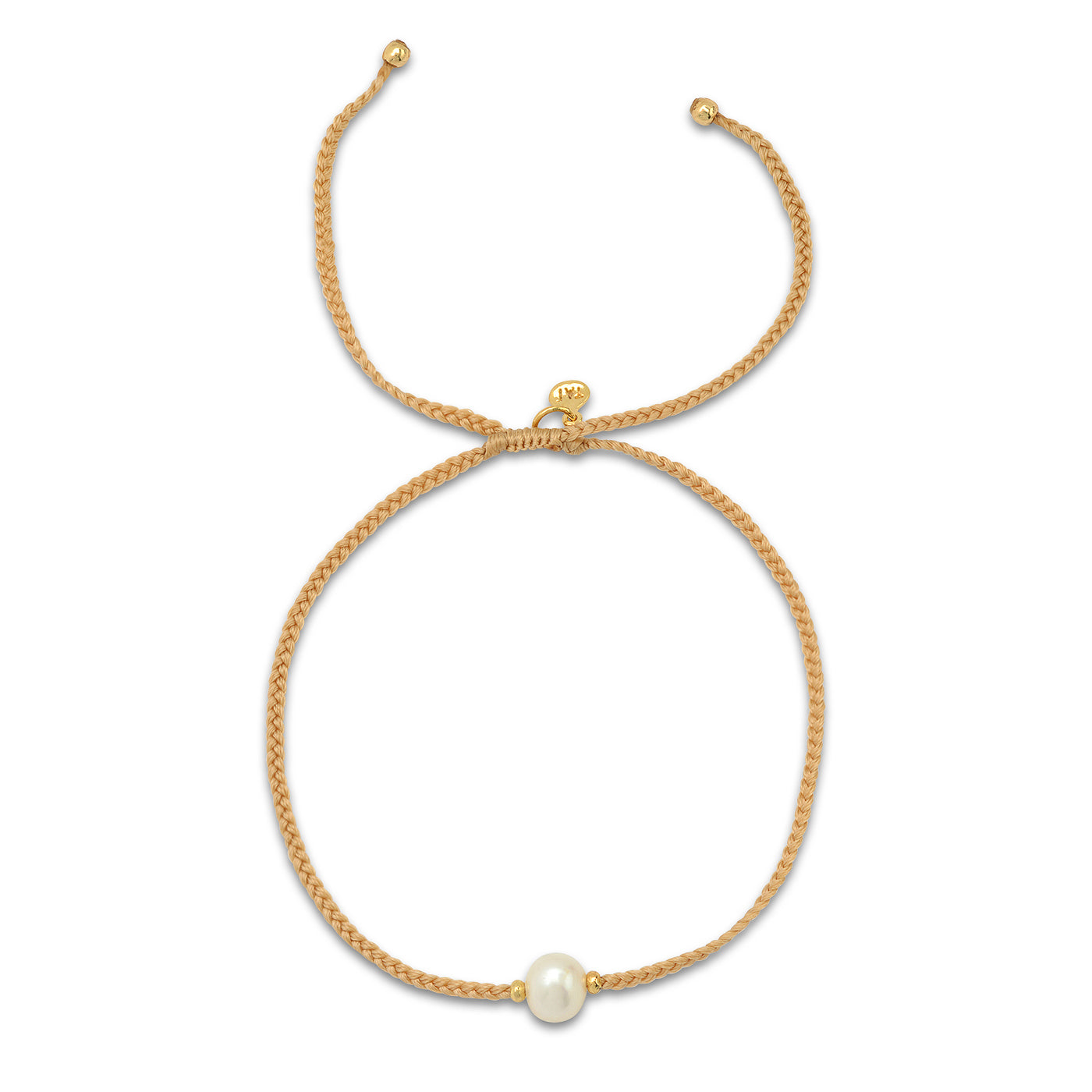 Beaded bracelet with gold clasp, small charm, and single white pearl accent