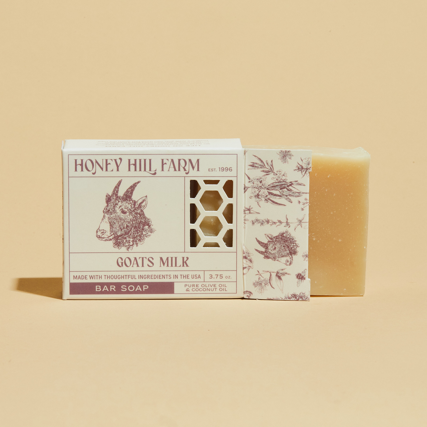 Honey Hill Farm Goats Milk bar soap with beige bar and rabbit-themed label box.