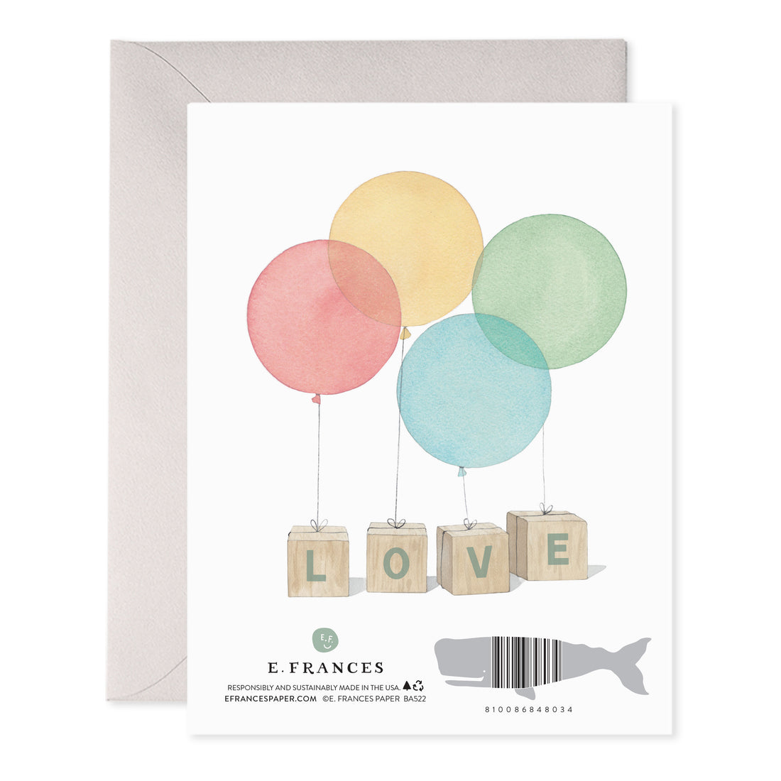 Baby blocks letter wooden blocks with balloons on a greeting card showing 'LOVE'