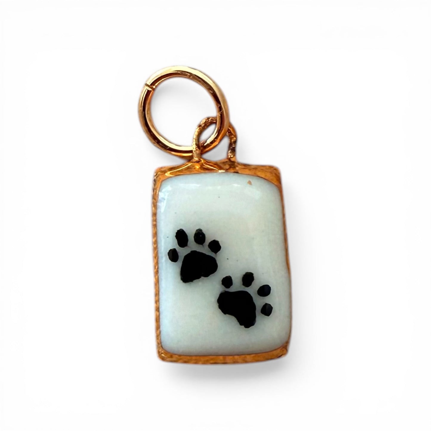 Gold keyring light-blue porcelain charm with two black paw prints