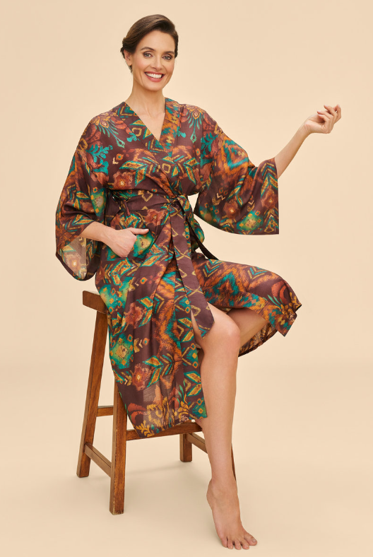 Batik kimono in chocolate brown with teal and bronze motifs, wrap tie at waist