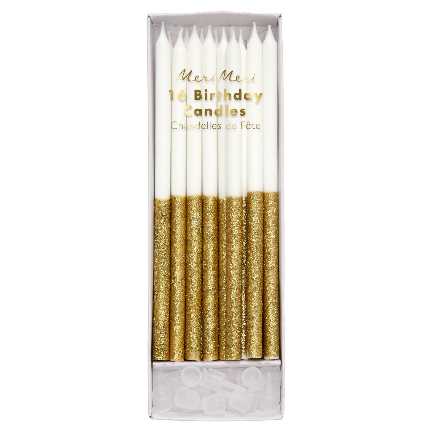 Set of 16 white birthday candles with gold glitter dipped bases in a retail box
