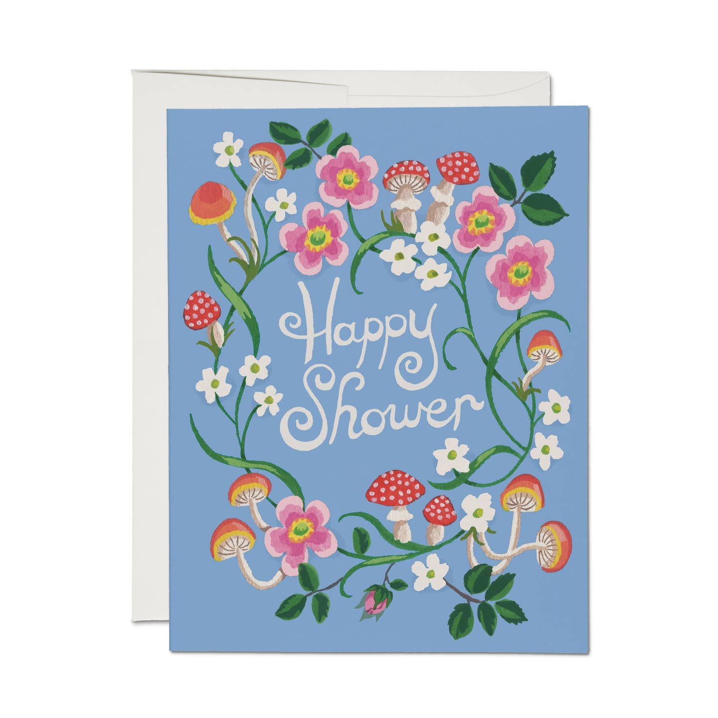 Blue floral greeting card with mushrooms, vines, and “Happy Shower” text