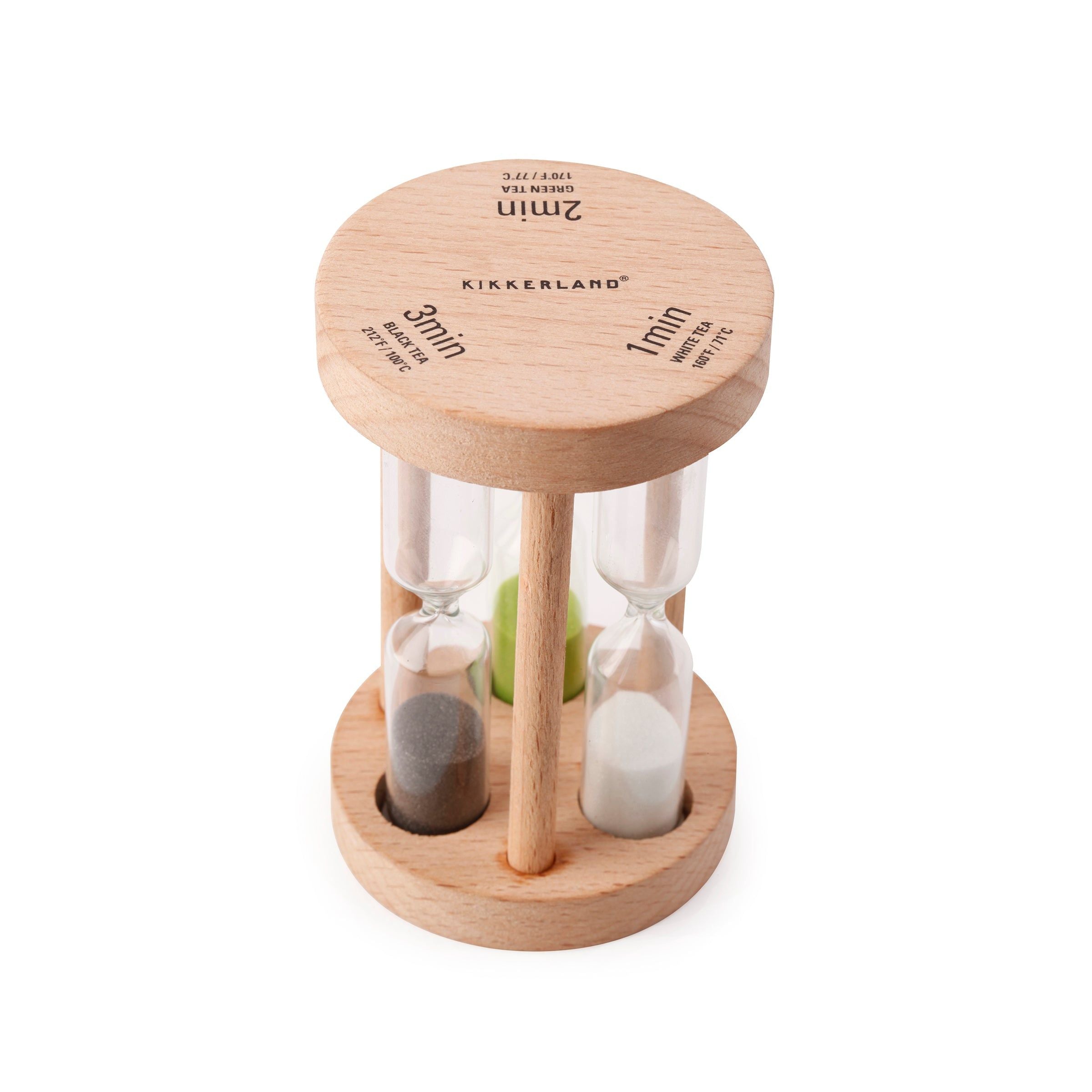 Wooden hourglass tea timer with glass sand chambers and wooden stand