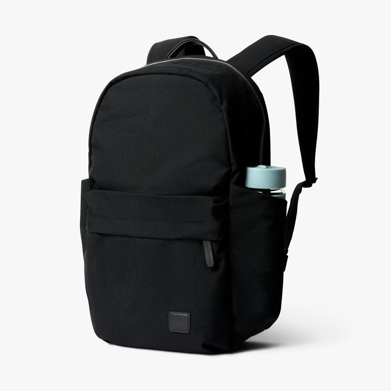 Black classic daypack with front zip pocket, top handle, and adjustable shoulder strap