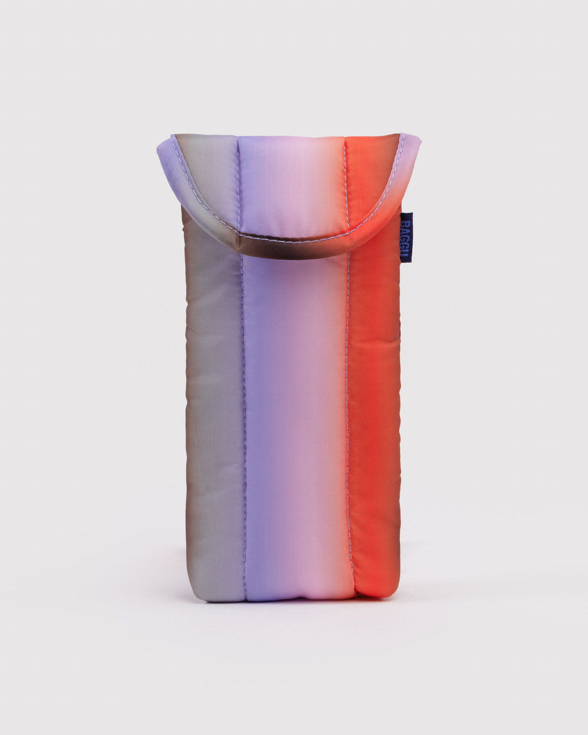 Padded glasses sleeve with iridescent gradient panels in purple and orange