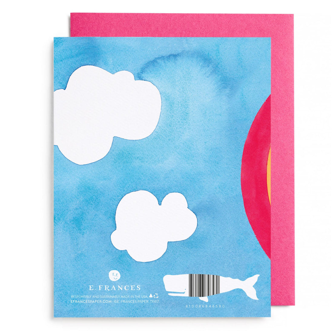 Thank you greeting card back with clouds, barcode, and fish silhouette