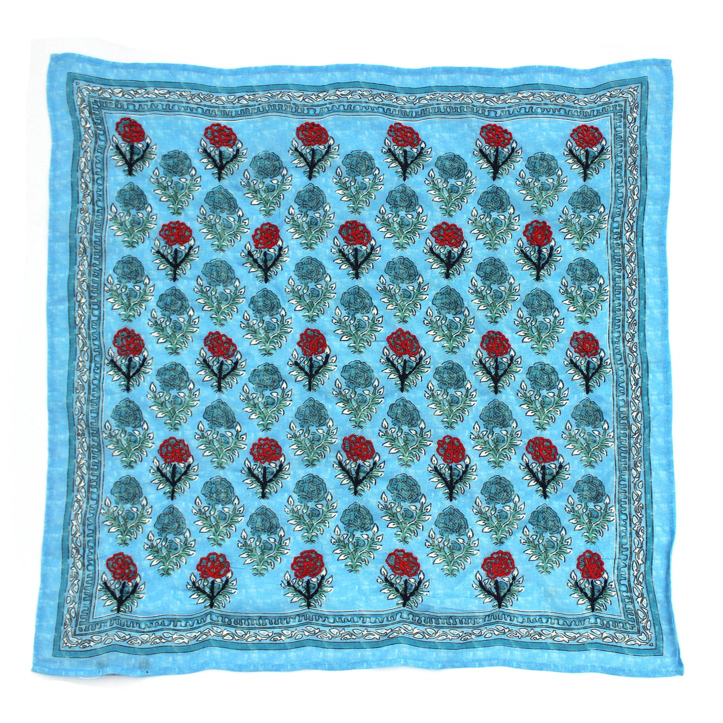 Blue floral blockprint bandana with red and teal roses and detailed border