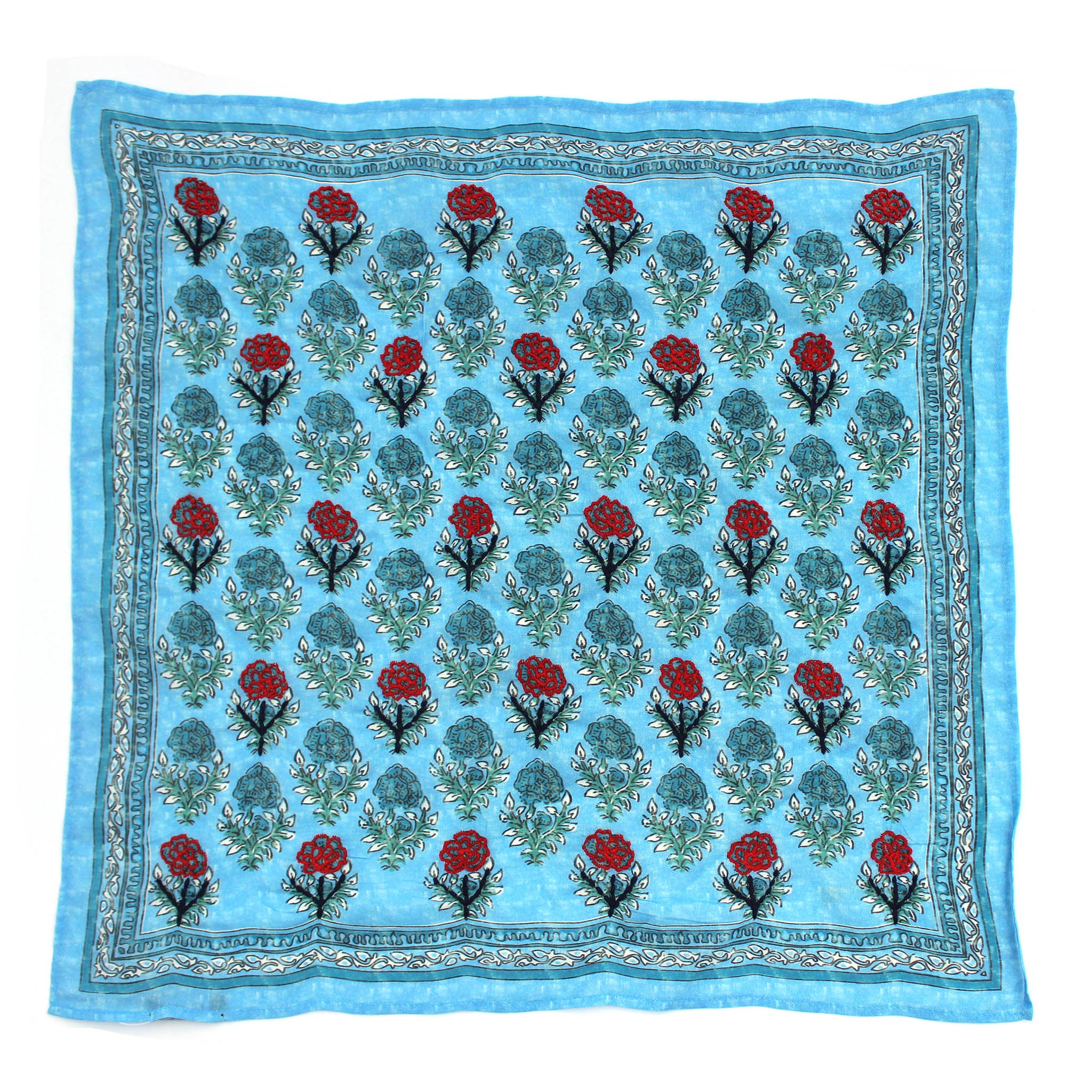 Blue floral blockprint bandana with red and teal roses and detailed border