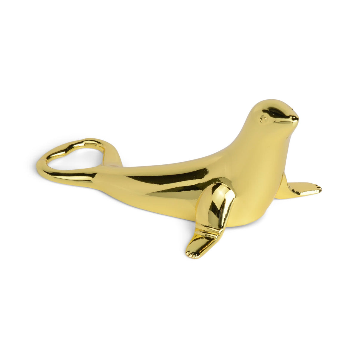 Golden seal-shaped bottle opener with metal ring handle