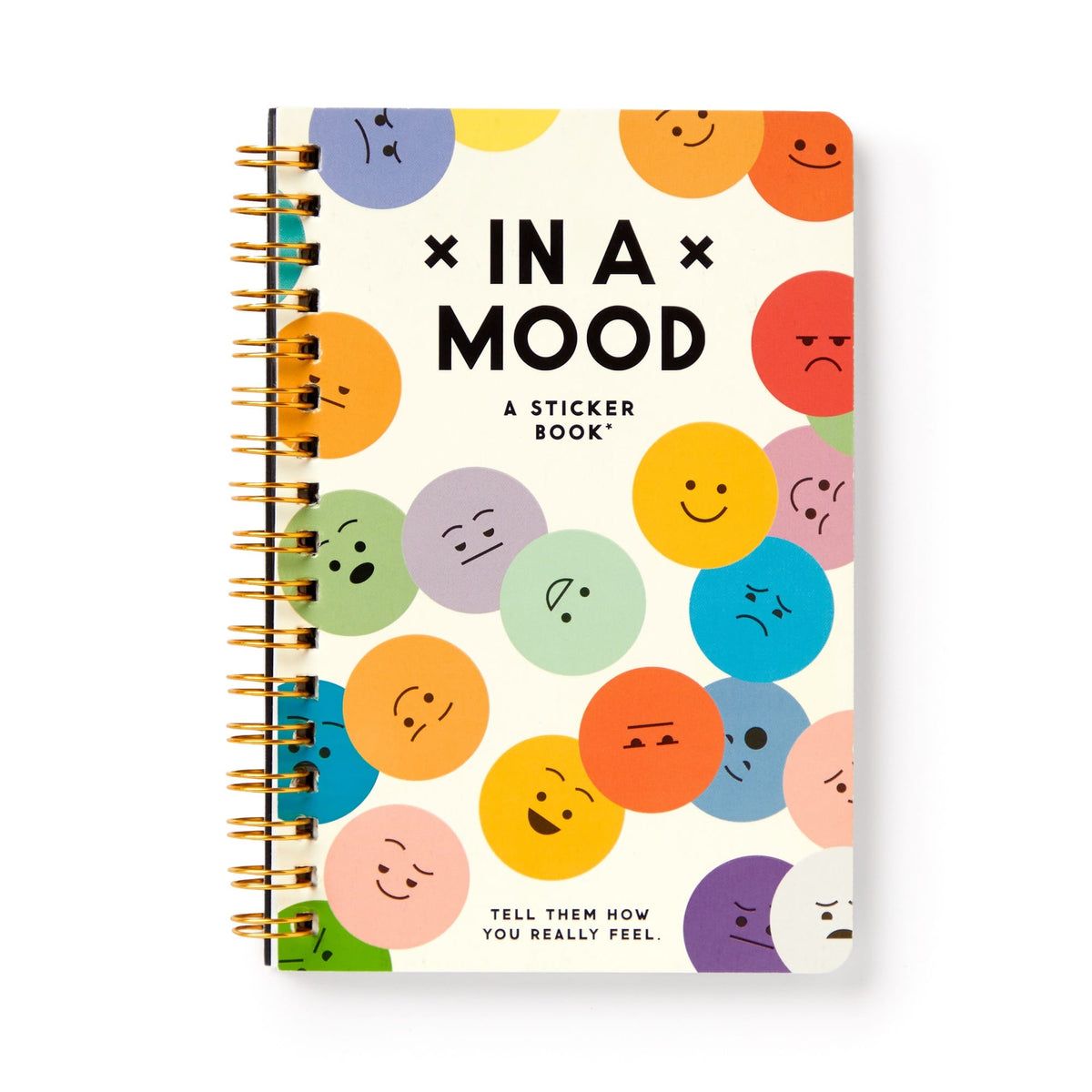 Spiral-bound sticker book with colorful smiley face cover and 'IN A MOOD' title