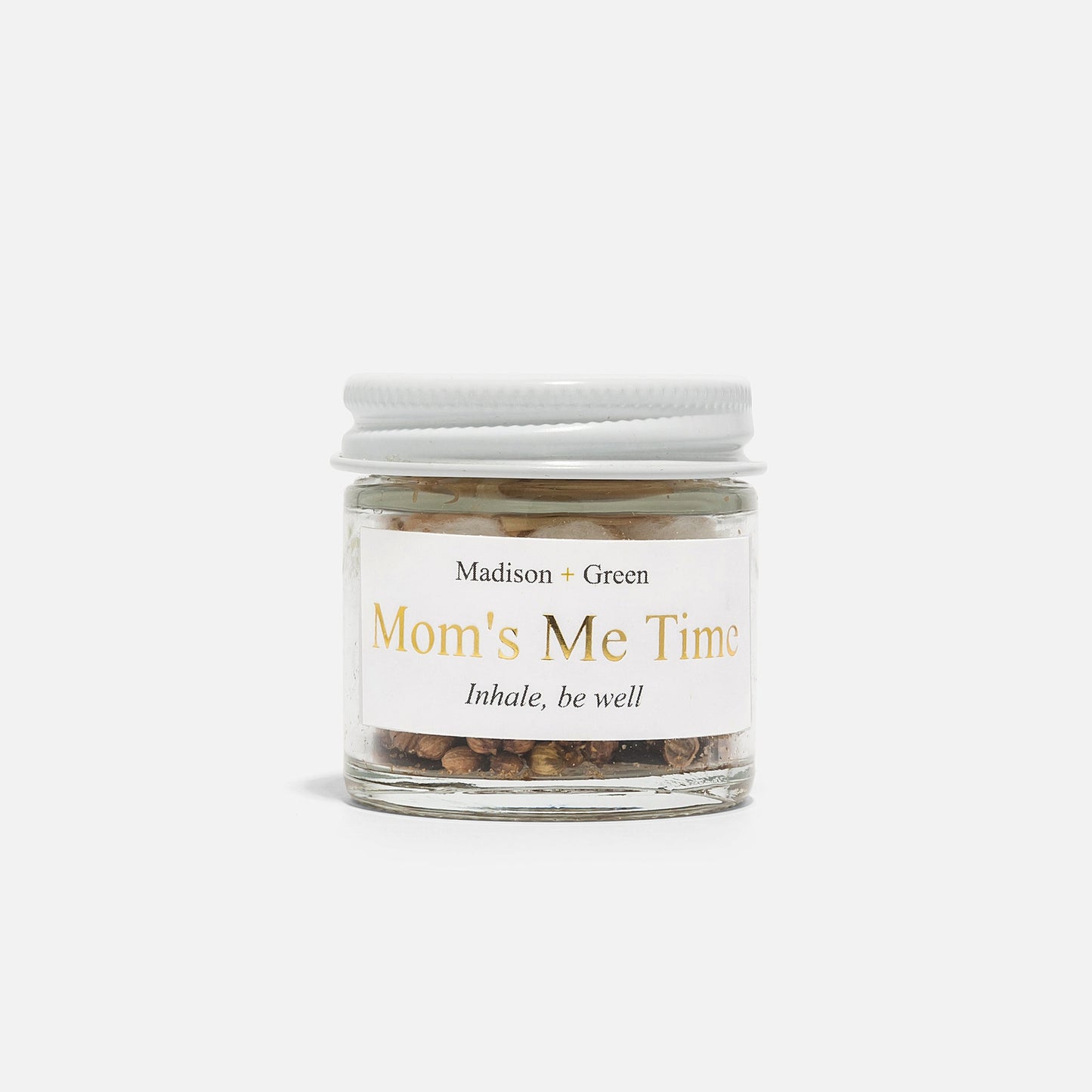 Aromatherapy inhaler jar with white cap, label "Mom's Me Time" by Madison + Green