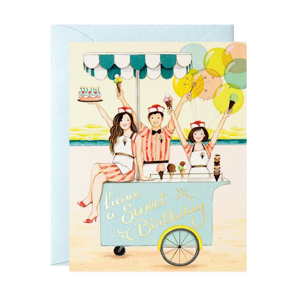 Birthday greeting card with illustrated ice cream cart and candles, blue teal lettering
