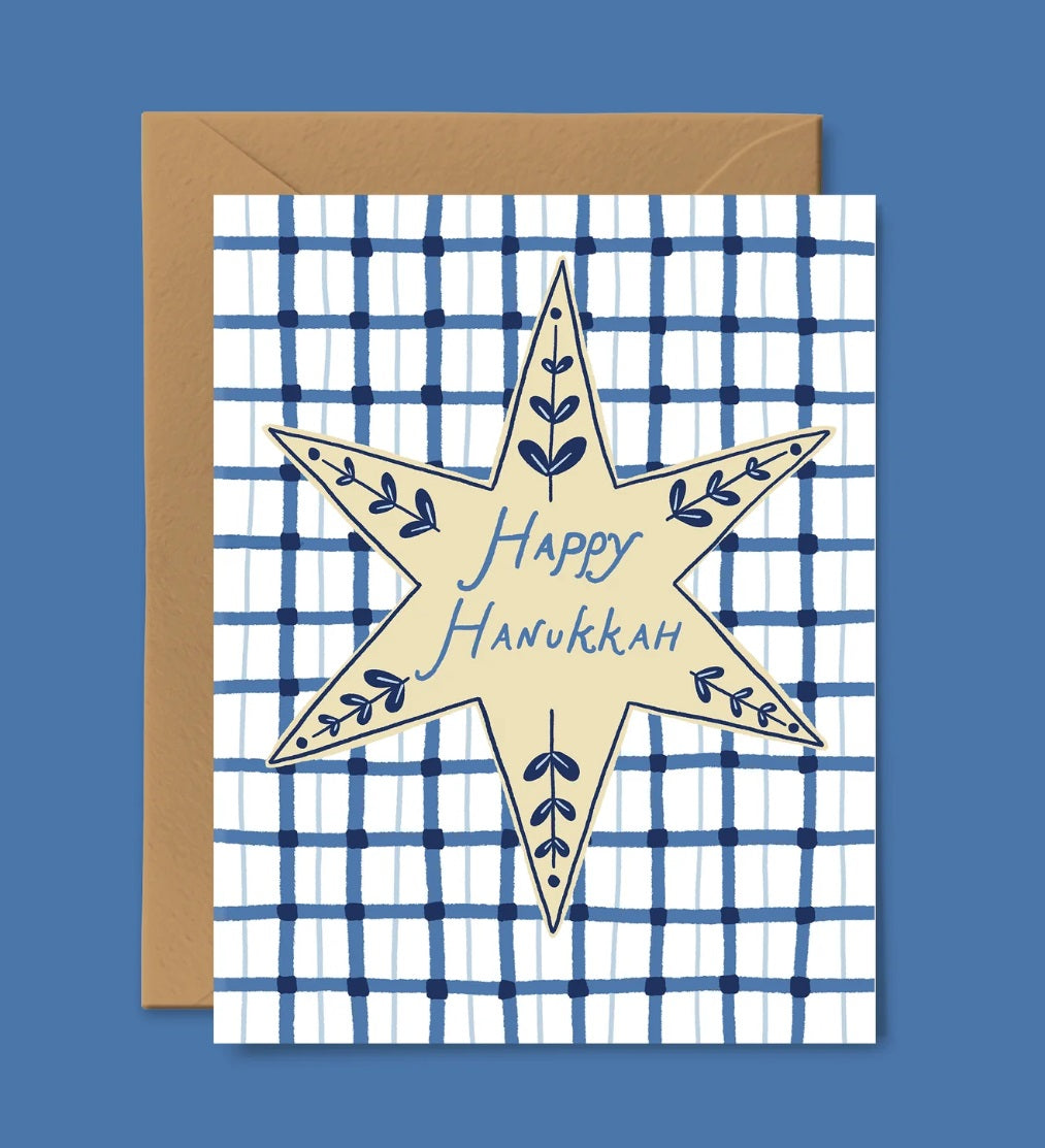 Happy Hanukkah star greeting card with blue check pattern and star text