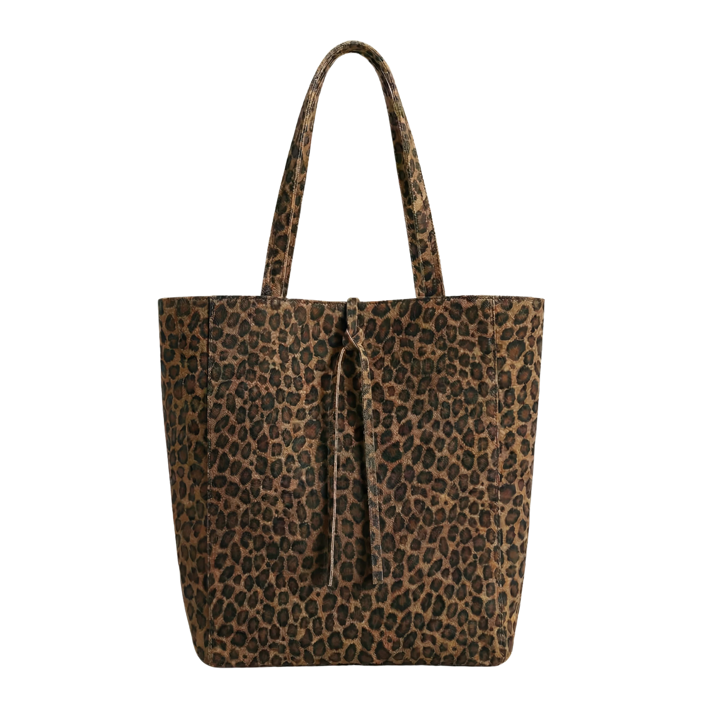 Dark leopard pebble leather tote bag with top handles and tassel tie