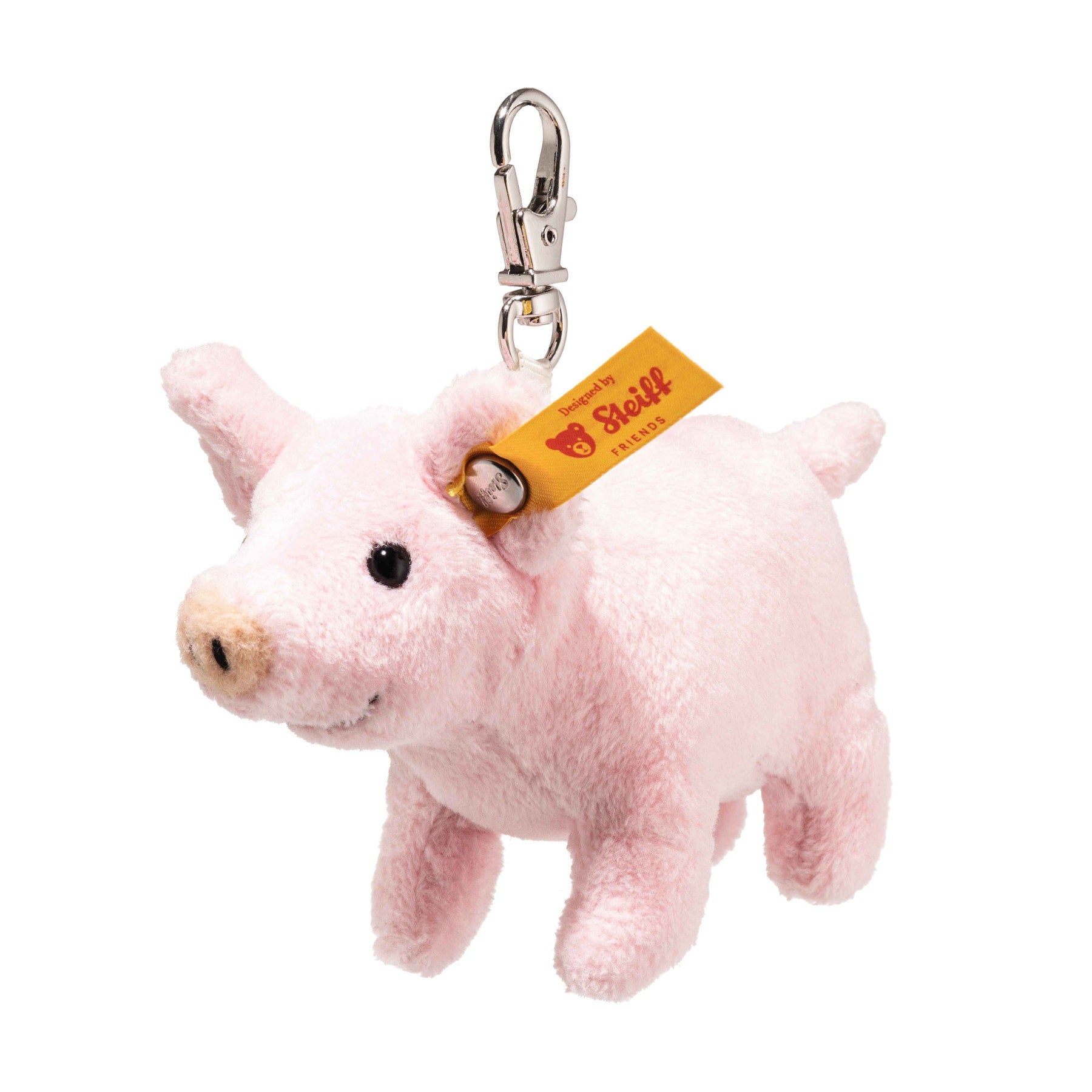 Pink plush pig bag charm pendant with metal clip and yellow fabric tag