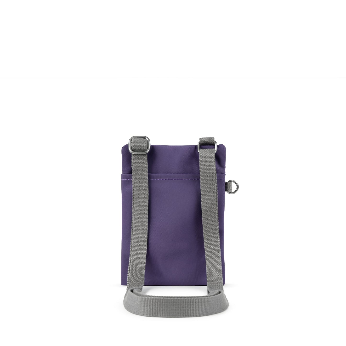 Purple recycled nylon pocket crossbody bag with two-tone gray strap, vertical front view