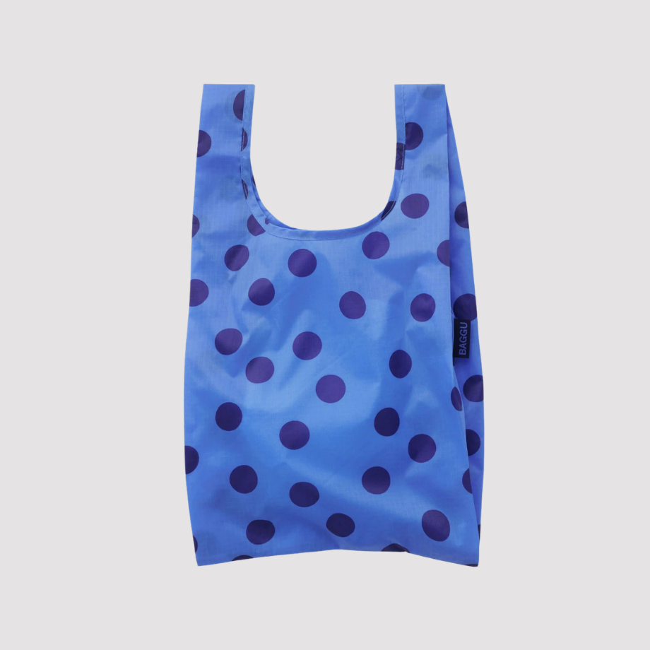 Reusable tote bag in blue with dark purple polka dots