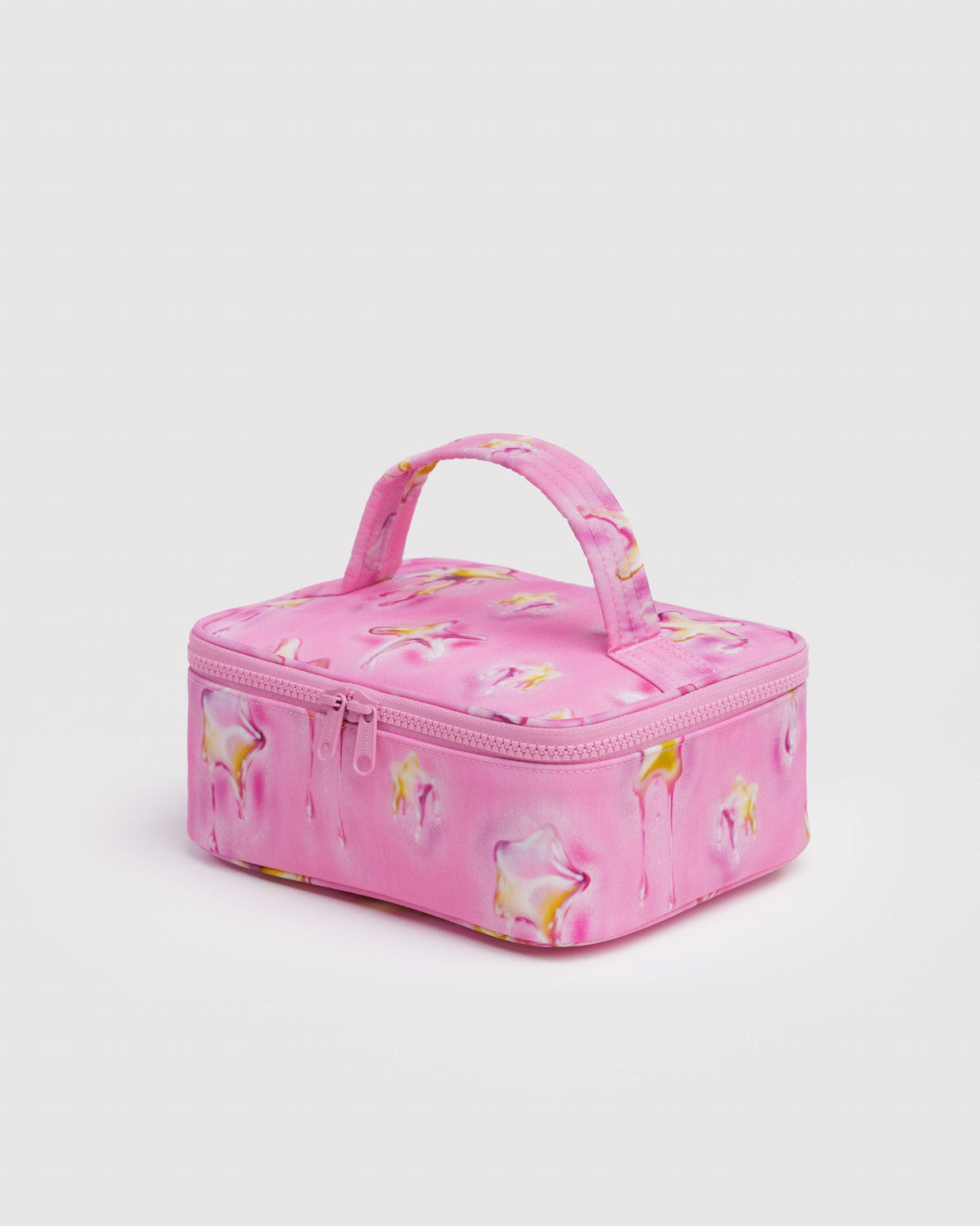 Small cosmetic case, pink with unicorn print, top handle, zip closure