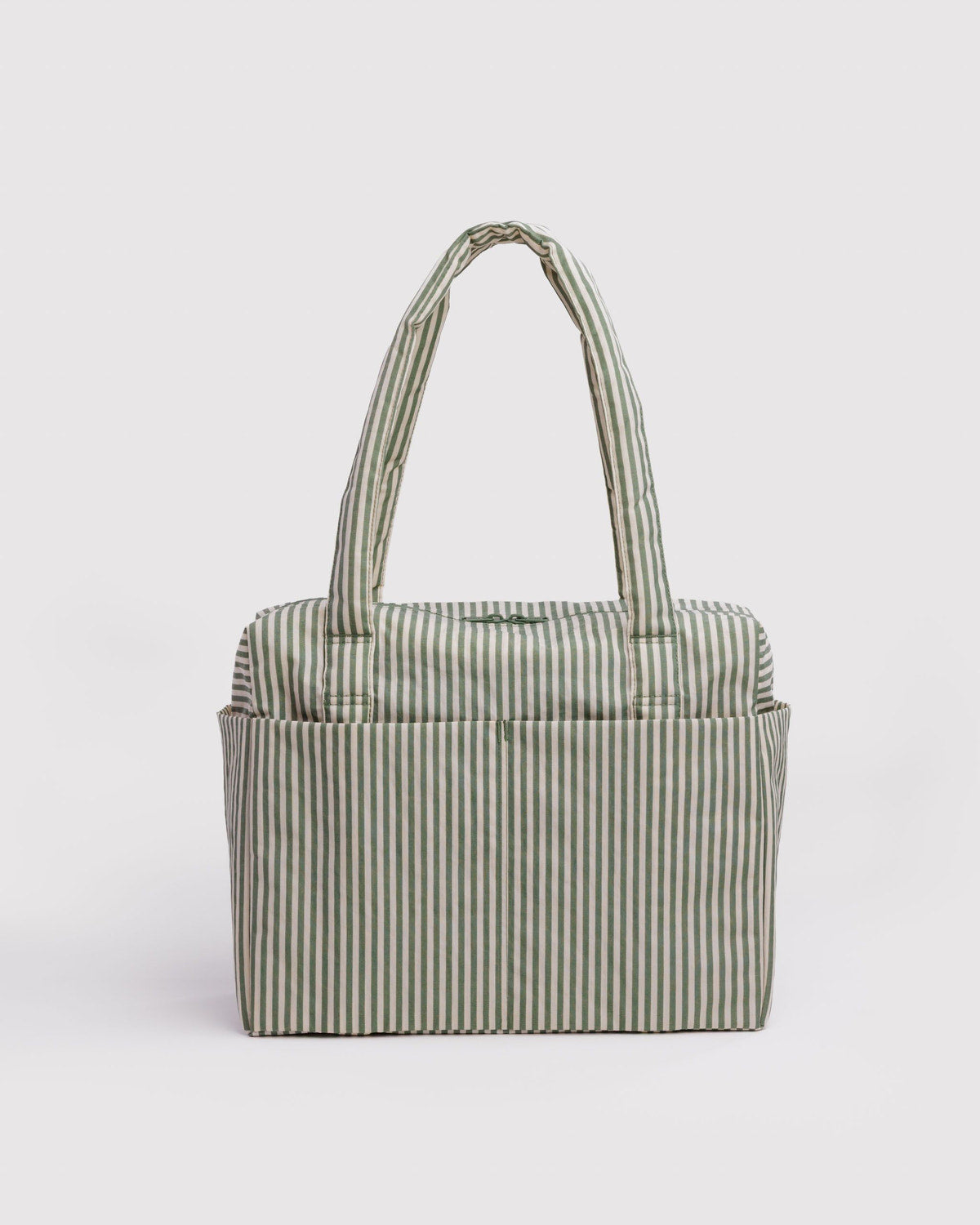 Small Cloud carry-on tote in sage stripe fabric with top handles and stitched side seams