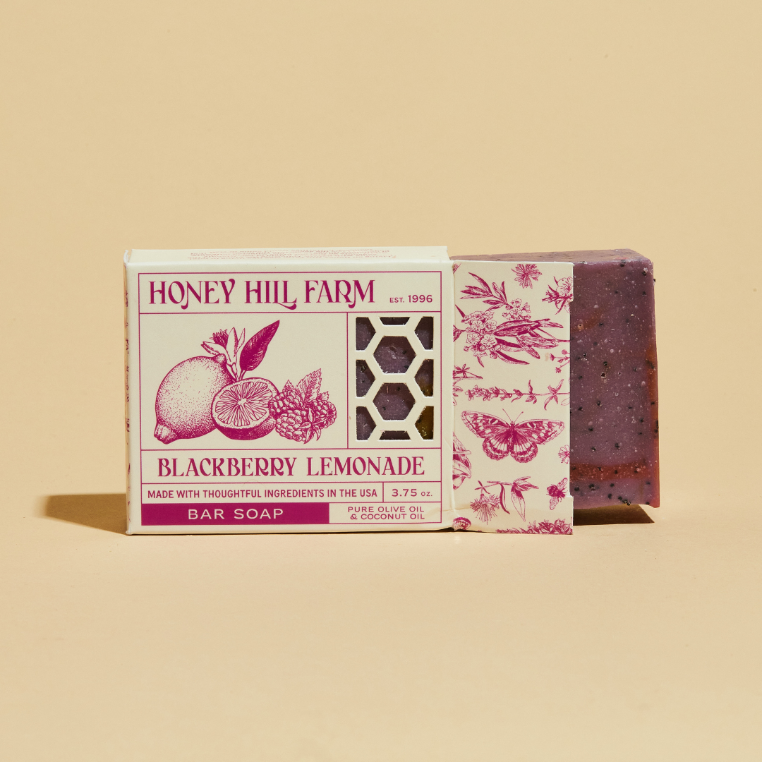 Honey Hill Farm Blackberry Lemonade bar soap with purple bar and berry-themed label box.