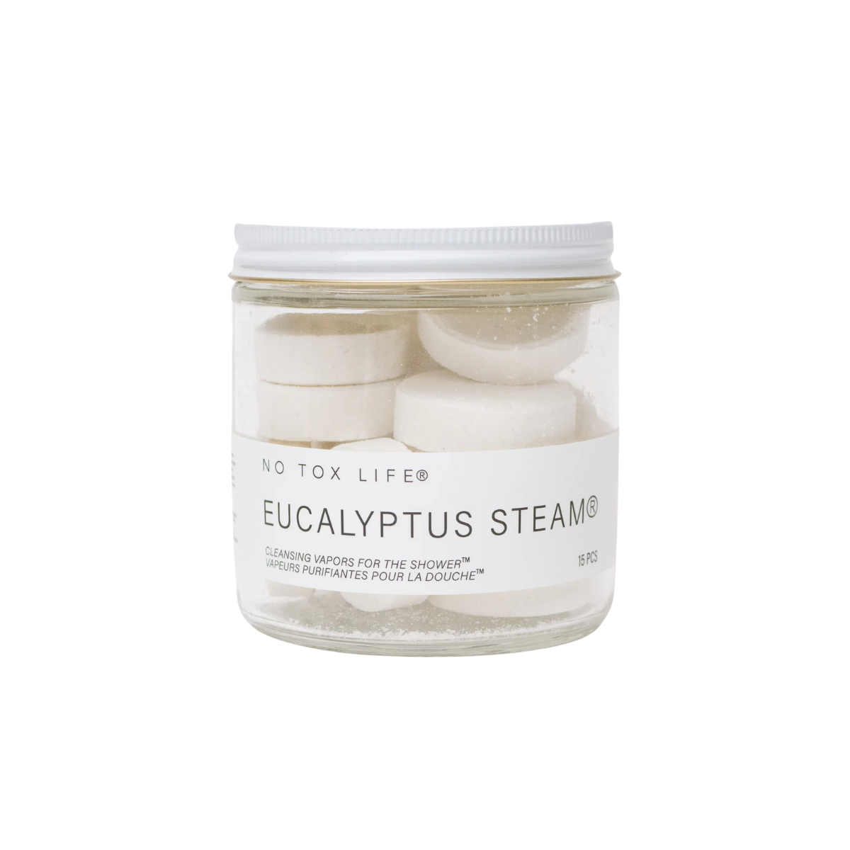 Eucalyptus steam jar with round white and beige cleansing tablets