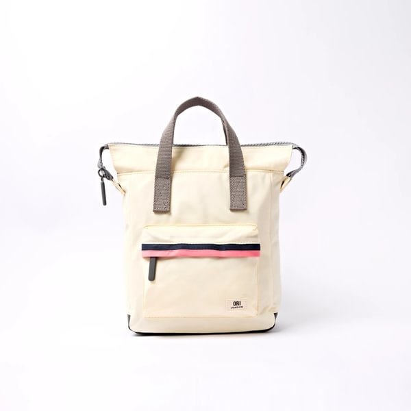 Small Bantry B recycled nylon backpack, cream with front zip pocket and striped band